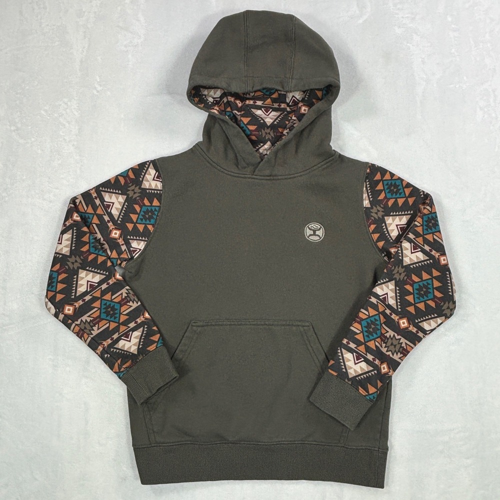 Hooey Kids Olive Green Southwestern Geometric Print Pullover Hoodie Size XS